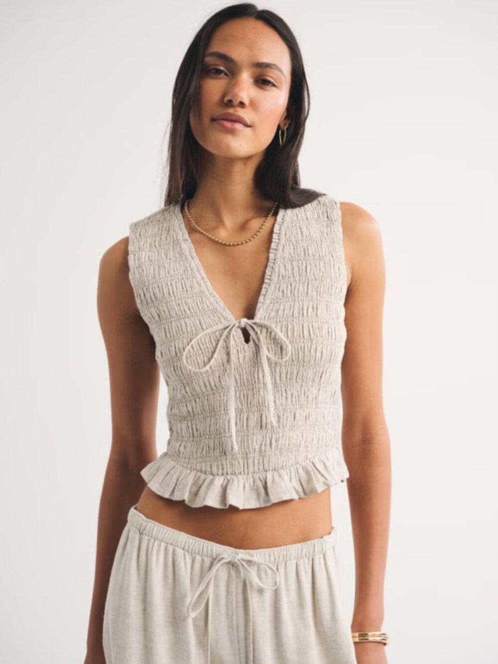 Abercrombie & Fitch Smocked Tie-Front Linen Crop Vest Top Oatmeal | Size S